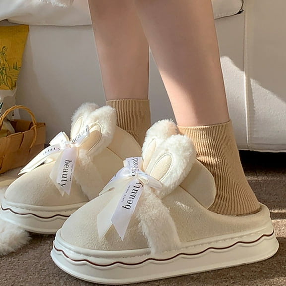 AURIGATE Women Cute Rabbit Ear Plush Slippers House Non-Slip Fluffy Bunny Slipper Indoor Warm Plush Animal Shoes