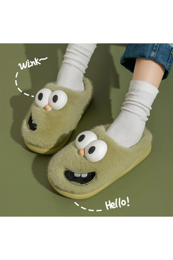 Women Funny Warm Monster Plush Slippers, Cute Big Eyes Cotton Slippers Antiskid Rubber Sole Warm Comfortable Shoes