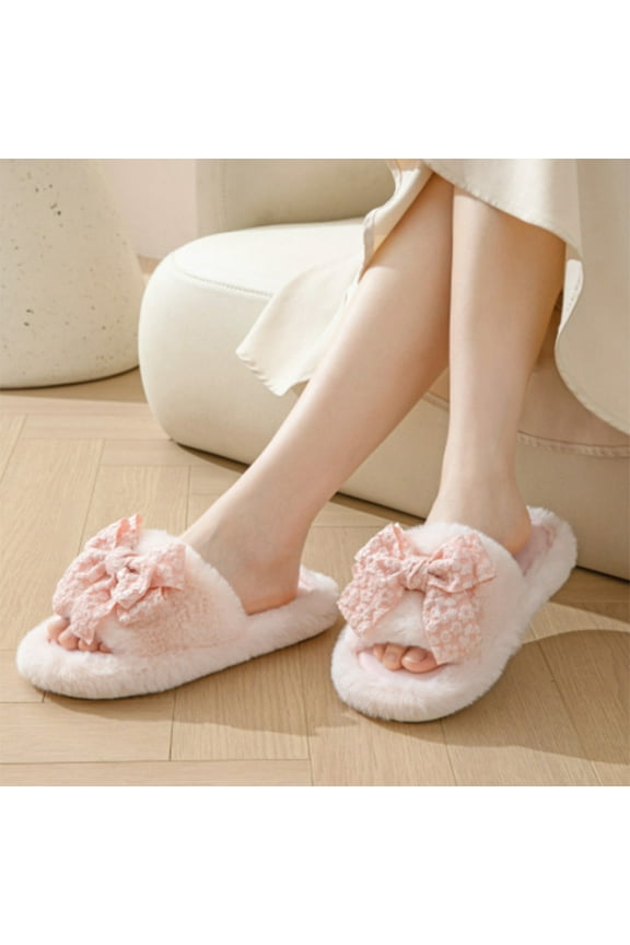 Women's Plush Marshmallow Slide on House Slipper Clog with Memory Foam Faux Fur Bow Slippers for Christmas Gifts