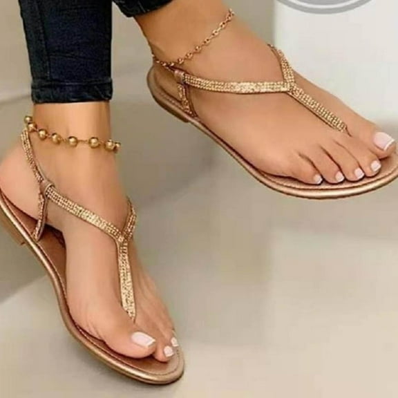 AURIGATE Womens T Strap Sandals Fashion Rhinestone Flat Sandal with Ankle Strap for Ladies Summers Dress Sandals Casual Woman Flip Flops Beach