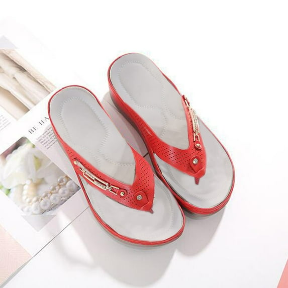 AURIGATE Womens Wedge Flip Flop Sandals Summer Casual Thong Straps Clip Toe Slipper Metal Decoration Slip On Slides Lightweight Comfortable Beach Shoes