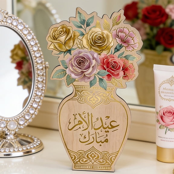 AURIGATE Wood Eid Mubarak Tabletop Decor, Floral Vase Shaped Wooden Sign for Islamic Ramadan Home Party Desk Shelf Decor