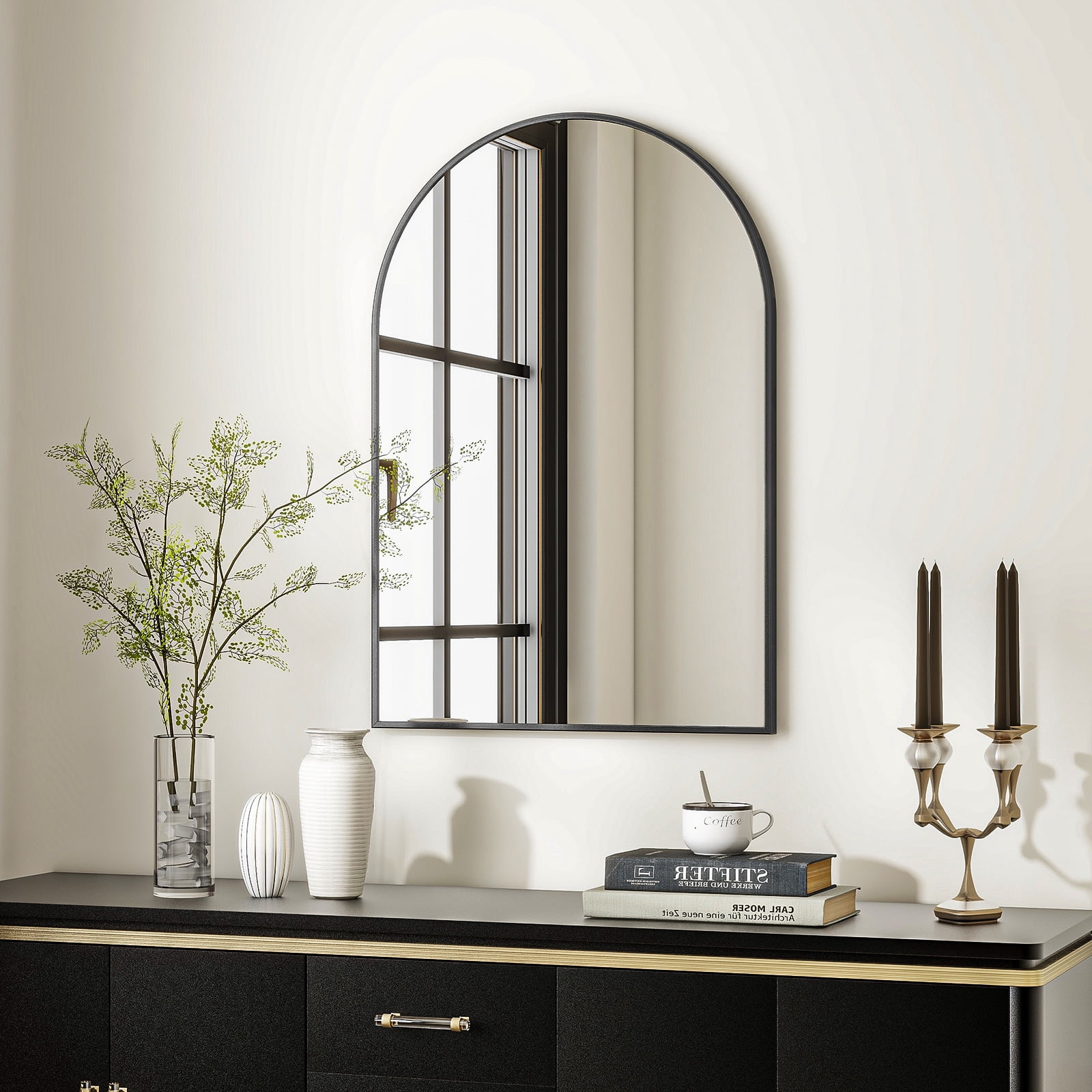 AUROMIR 16"x24" Arched Wall Mounted Bathroom Mirror Arched Vanity Mirror, Black