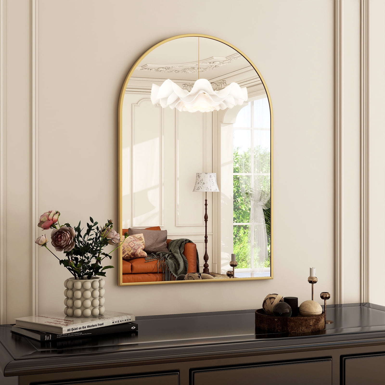AUROMIR 16"x24" Arched Wall Mounted Bathroom Mirror Arched Vanity Mirror, Gold
