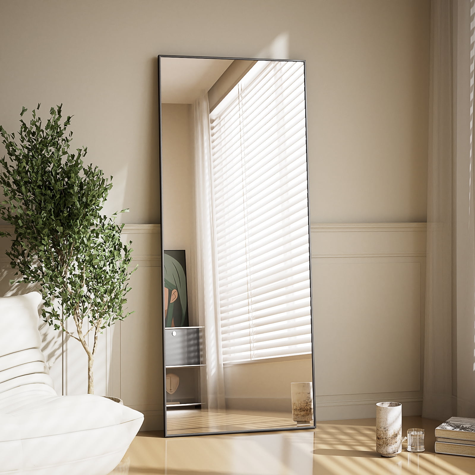 AUROMIR 16"x59" Rectangular Full Length Mirror Full Body Standing Mirror with Metal Frame, Black