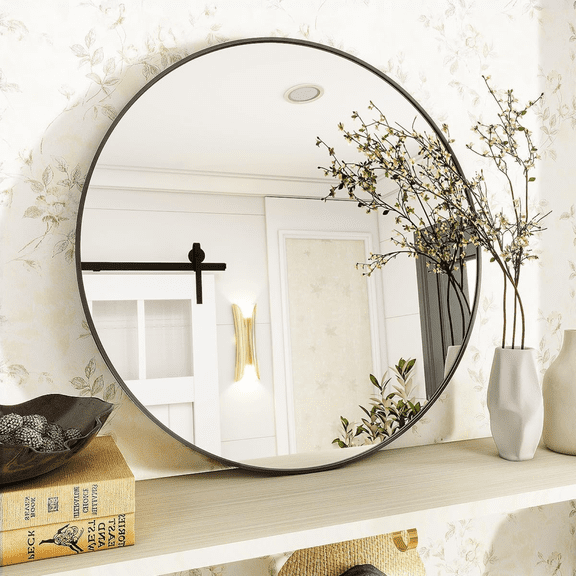 AUROMIR 20" Round Wall Mirror Bathroom Vanity Mirror Aluminum Alloy Frame,Black