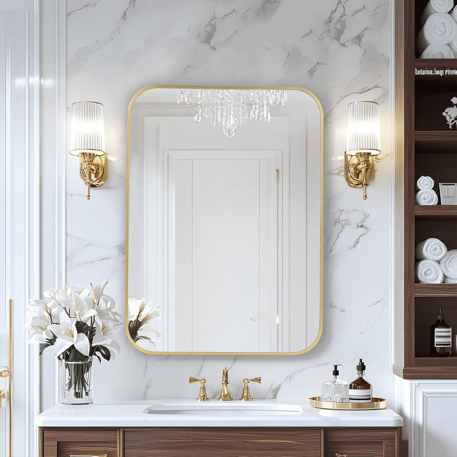 AUROMIR 20"x28" Bathroom Mirror Wall-Mounted Vanity Mirror with Rectangular Metal Frame, Gold