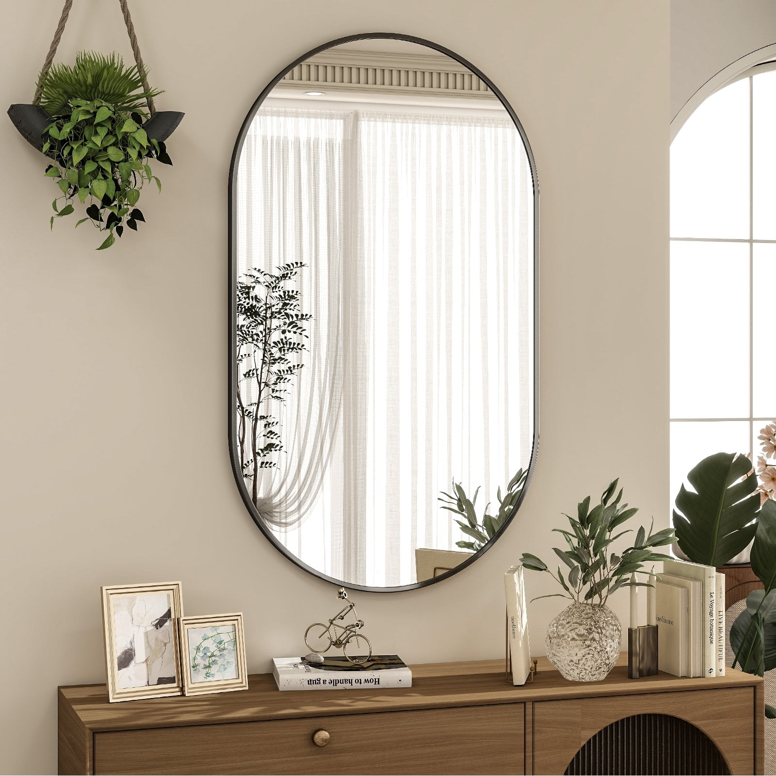 AUROMIR 22"x38" Bathroom Oval Mirror Wall-Mounted Vanity Mirror Aluminum Alloy Frame,Black