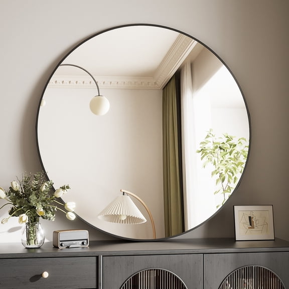 AUROMIR‌ 24" Bathroom Mirror Round Mirror Wall Vanity Mirror with Metal Frame, Black