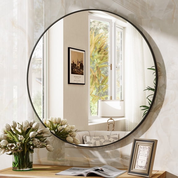 AUROMIR 24" Round Bathroom Mirror Wall Mounted Modern Vanity Mirror, Black