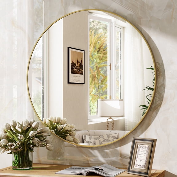 AUROMIR 24" Round Bathroom Mirror Wall Mounted Modern Vanity Mirror, Gold