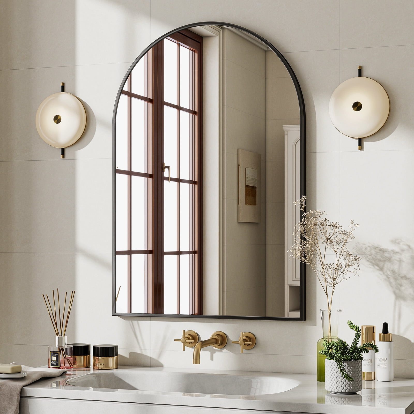 AUROMIR 24"x36" Arched Wall Mounted Bathroom Mirror Arched Vanity Mirror, Black