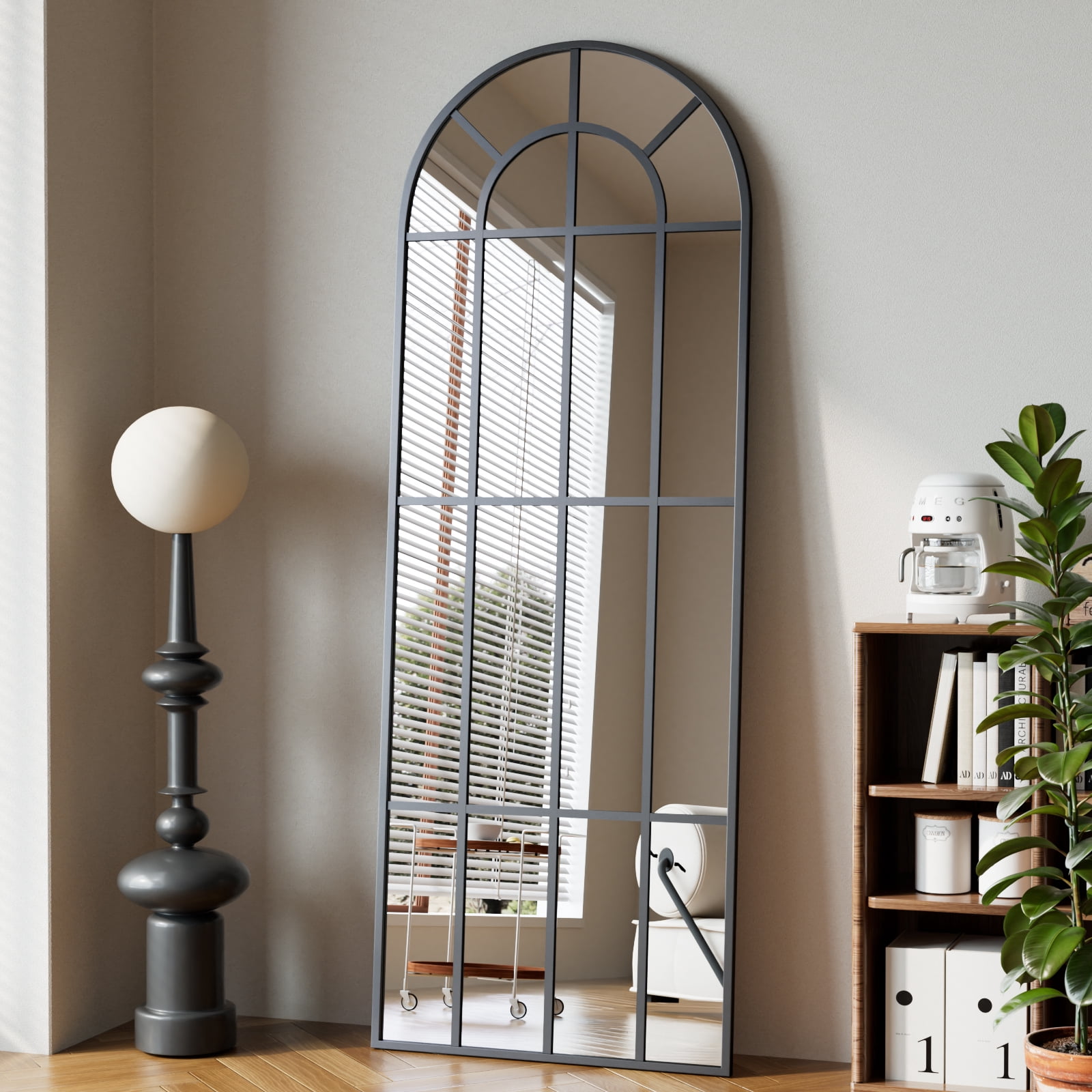 AUROMIR 25"x69" Full Length Mirror with Windowpane Arched Wall-Mounted Leaning Mirror, Black