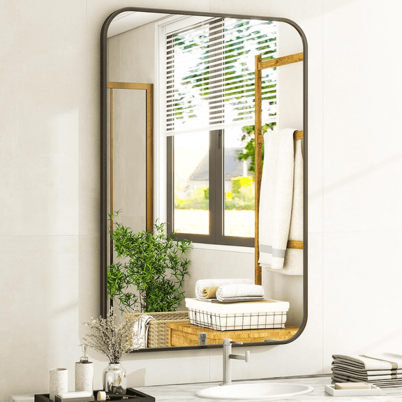 AUROMIR 26"x38" Bathroom Mirror Wall-Mounted Vanity Mirror with Rectangular Metal Frame, Black