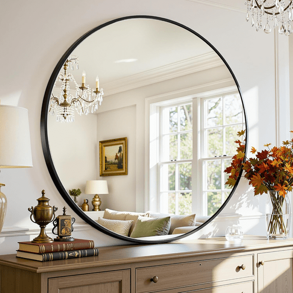 AUROMIR 28" Round Wall Mirror Bathroom Vanity Mirror Aluminum Alloy Frame,Black