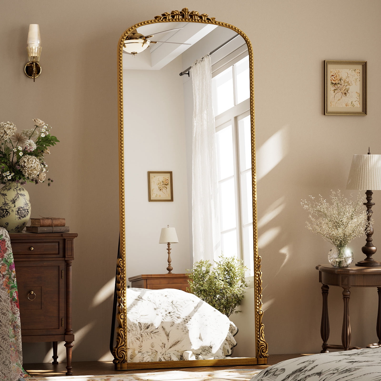 ‌AUROMIR 28"x69" Arched Floor Mirror Vintage Full Length Mirror, Antique Gold