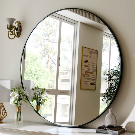 AUROMIR 30" Round Bathroom Mirror Wall Mounted Modern Vanity Mirror, Black