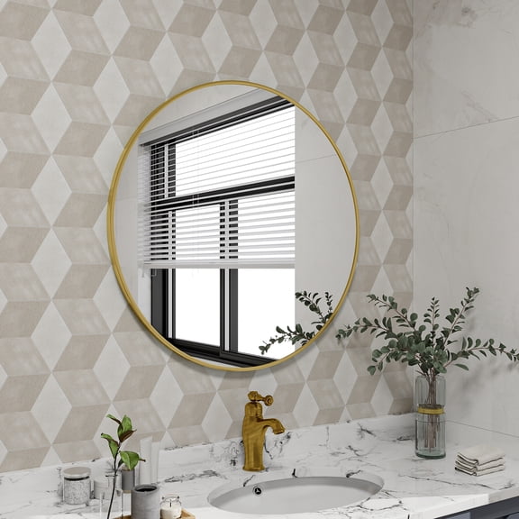 AUROMIR 30" Round Bathroom Wall-Mounted Mirror Vanity Mirror with Aluminum Alloy Frame, Gold