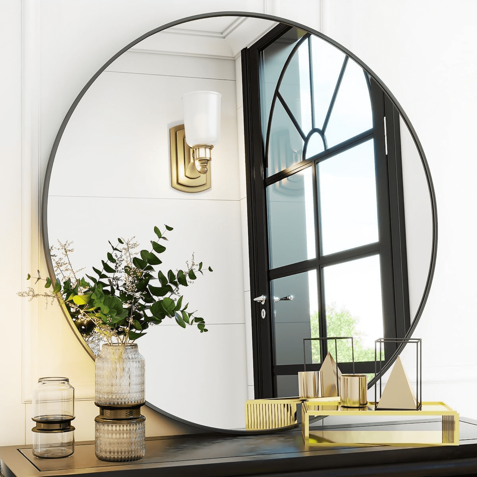 AUROMIR 30" Round Wall Mirror Bathroom Vanity Mirror Aluminum Alloy Frame,Black