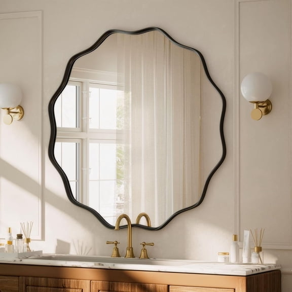 AUROMIR 30" Wavy Round Bathroom Mirror Wall Mounted Mirror Vanity Mirror with Metal Frame, Black