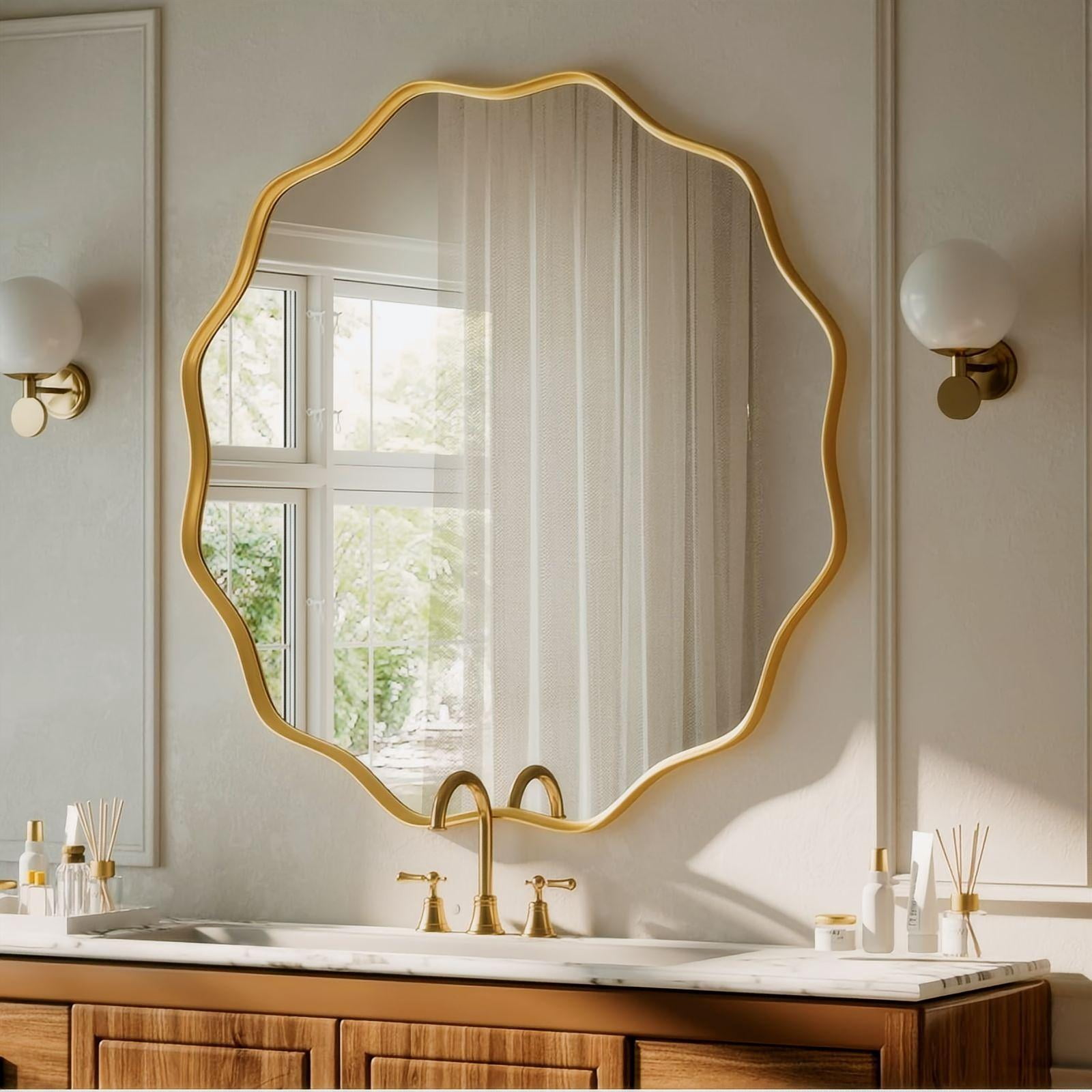 AUROMIR 30" Wavy Round Bathroom Mirror Wall Mounted Mirror Vanity Mirror with Metal Frame, Gold