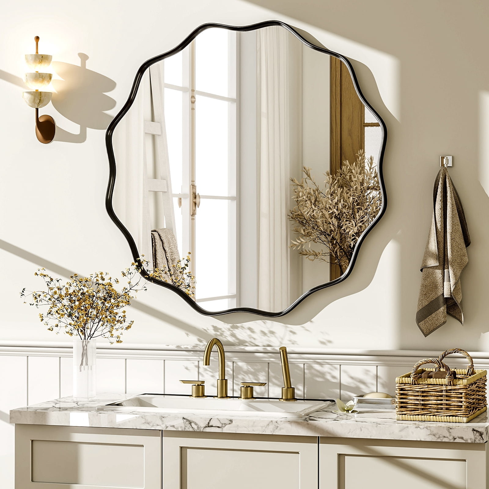 AUROMIR 30" Wavy Round Bathroom Mirror Wall Mounted Modern Vanity Mirror, Black