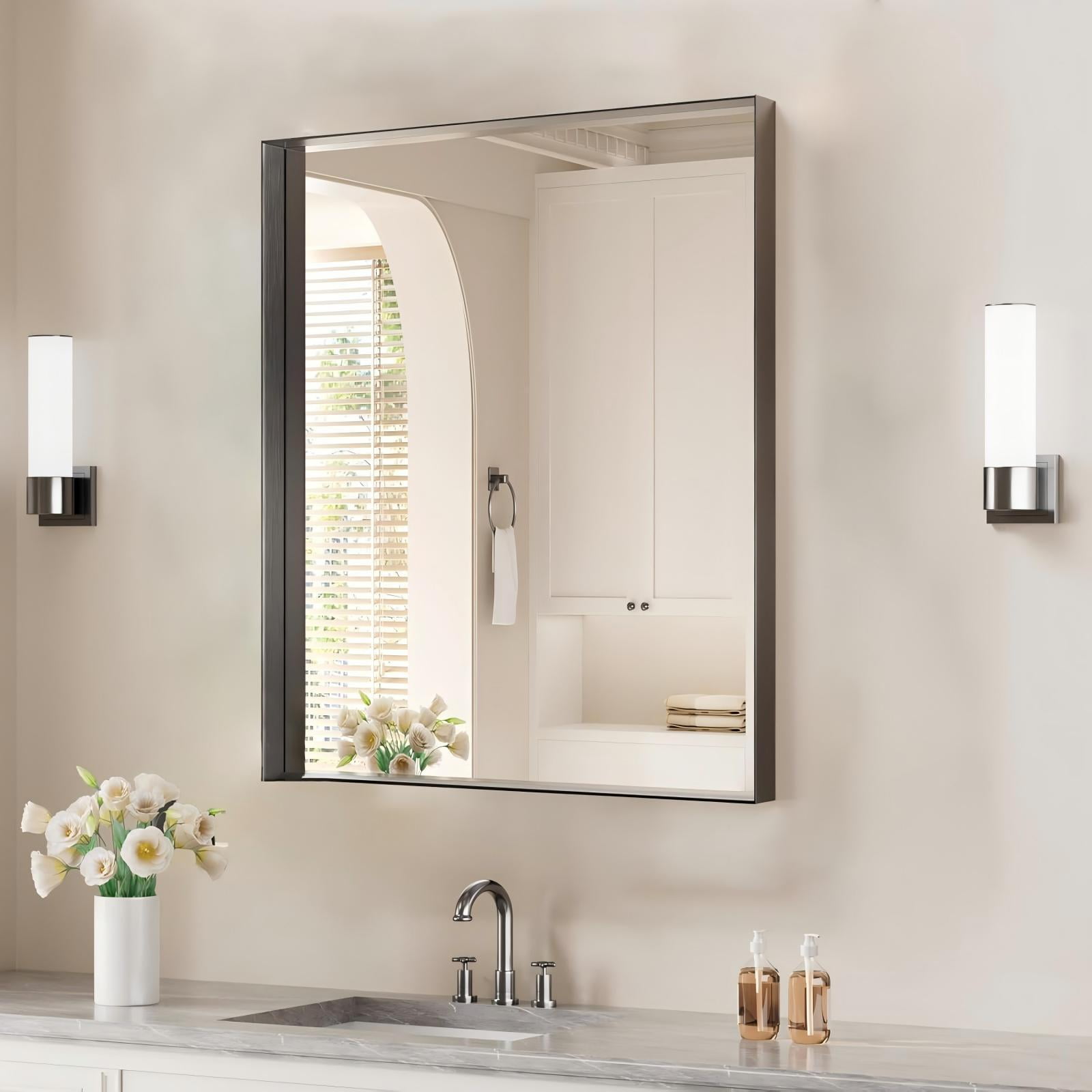 AUROMIR 30"x20" Rectangle Bathroom Mirror Vanity Wall Mirror With Deep Frame, Black