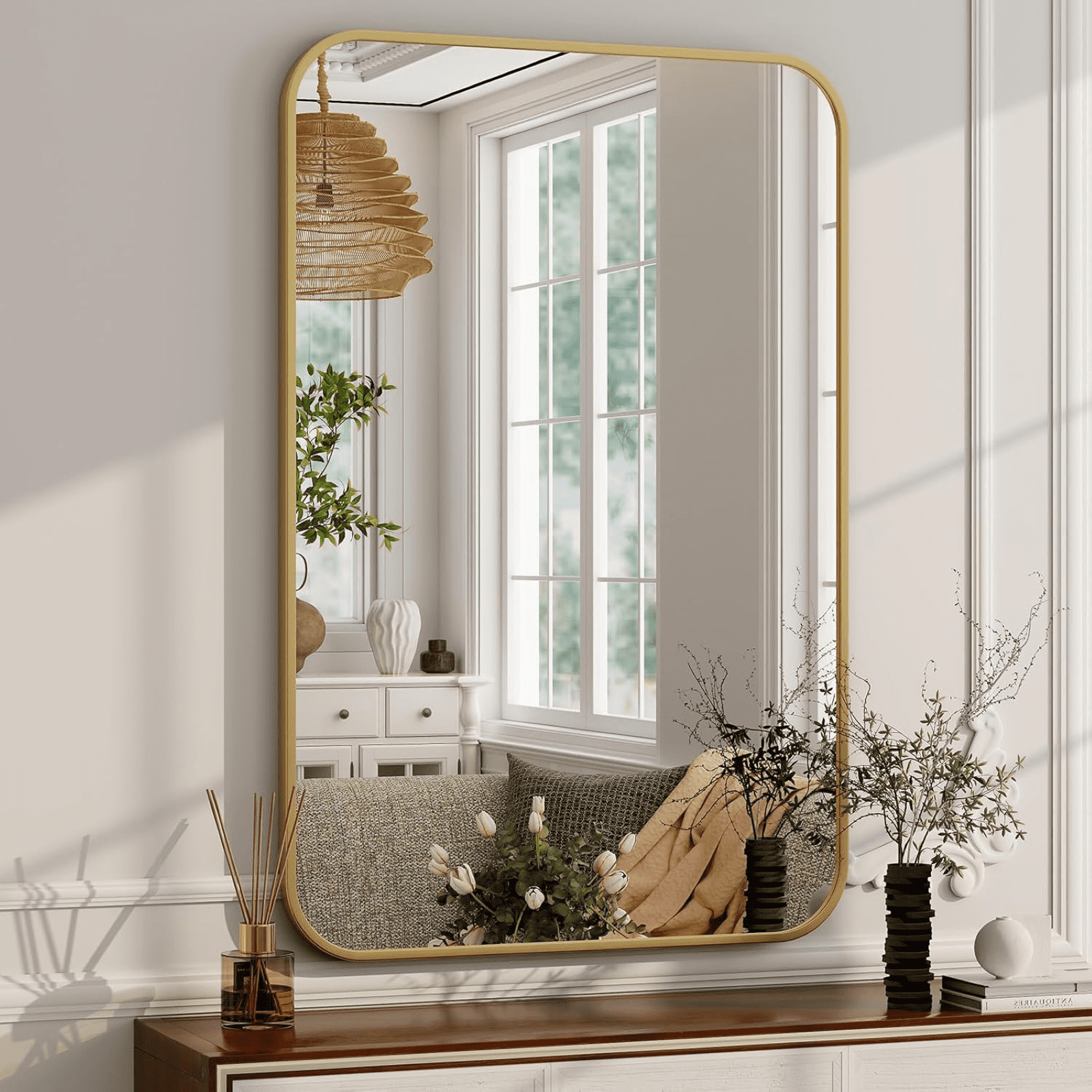 AUROMIR 30"x40" Bathroom Mirror Wall-Mounted Vanity Mirror with Rectangular Metal Frame, Gold