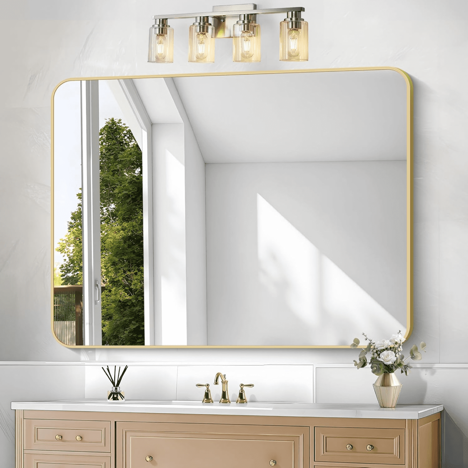 AUROMIR 30"x48" Bathroom Mirror Wall-Mounted Vanity Mirror with Rectangular Metal Frame, Gold