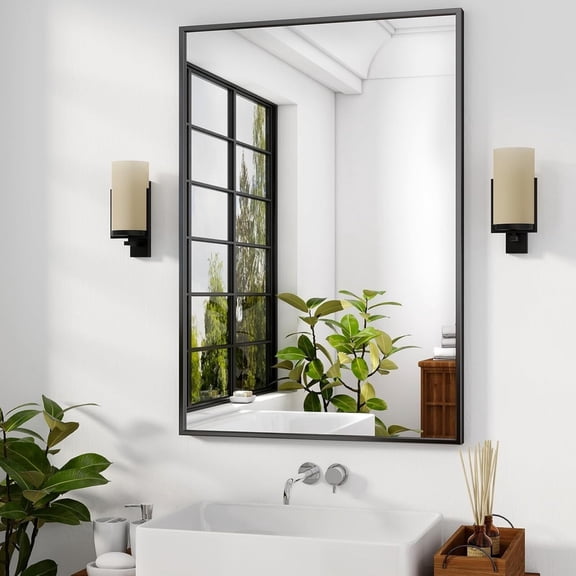 AUROMIR 32"x24" Rectangular Bathroom Mirror Vanity Wall Mirror with Metal Frame, Black
