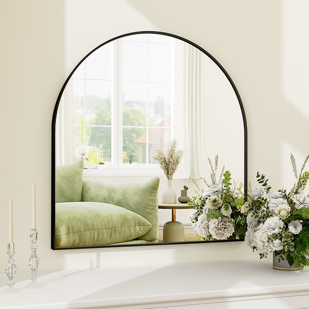 AUROMIR 32"x34" Arched Wall Mounted Bathroom Mirror Arched Vanity Mirror, Black