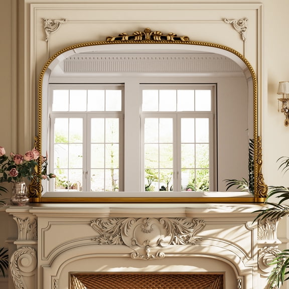 AUROMIR 32"x44" Antique Bathroom Arched Mirror Traditional Baroque Wall Vintage Mirror,Gold