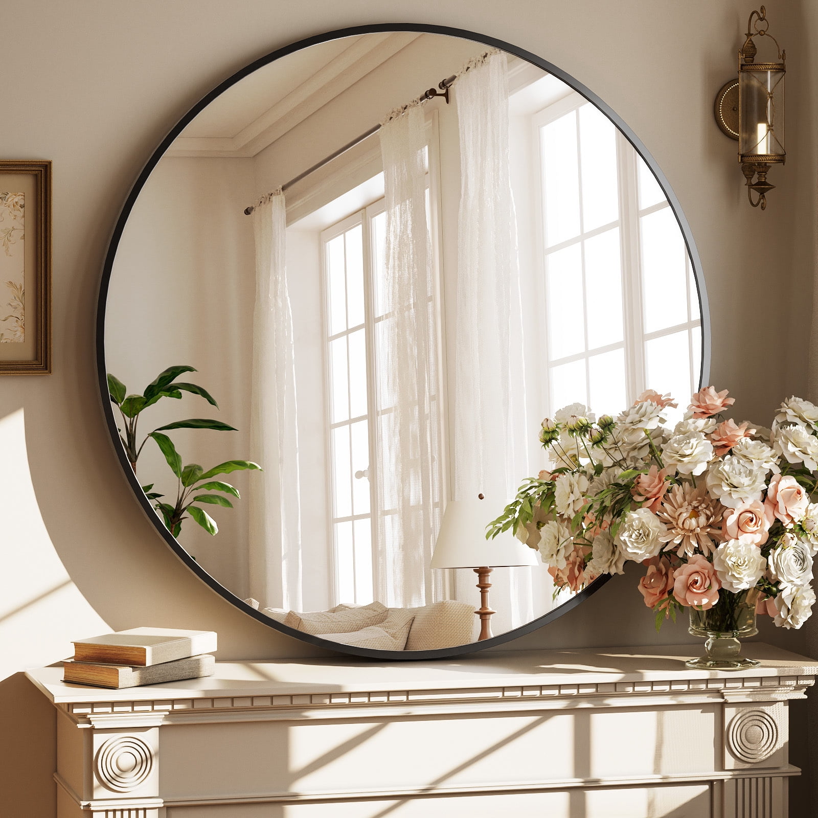 AUROMIR‌ 36" Bathroom Mirror Round Mirror Wall Vanity Mirror with Metal Frame, Black