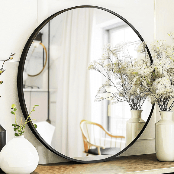 AUROMIR 36" Round Wall Mirror Bathroom Vanity Mirror Aluminum Alloy Frame,Black