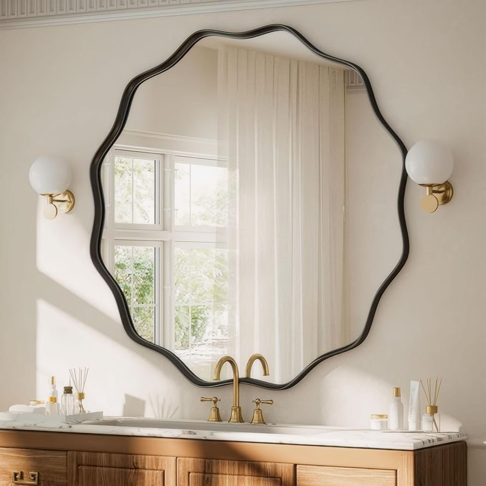 AUROMIR 36" Wavy Round Bathroom Mirror Wall Mounted Mirror Vanity Mirror with Metal Frame, Black