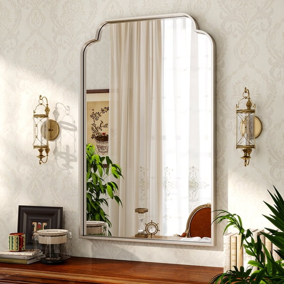 AUROMIR 36"x24" Arched Bathroom Mirror Modern Wall Mounted Mirror with Deep Frame, Silver