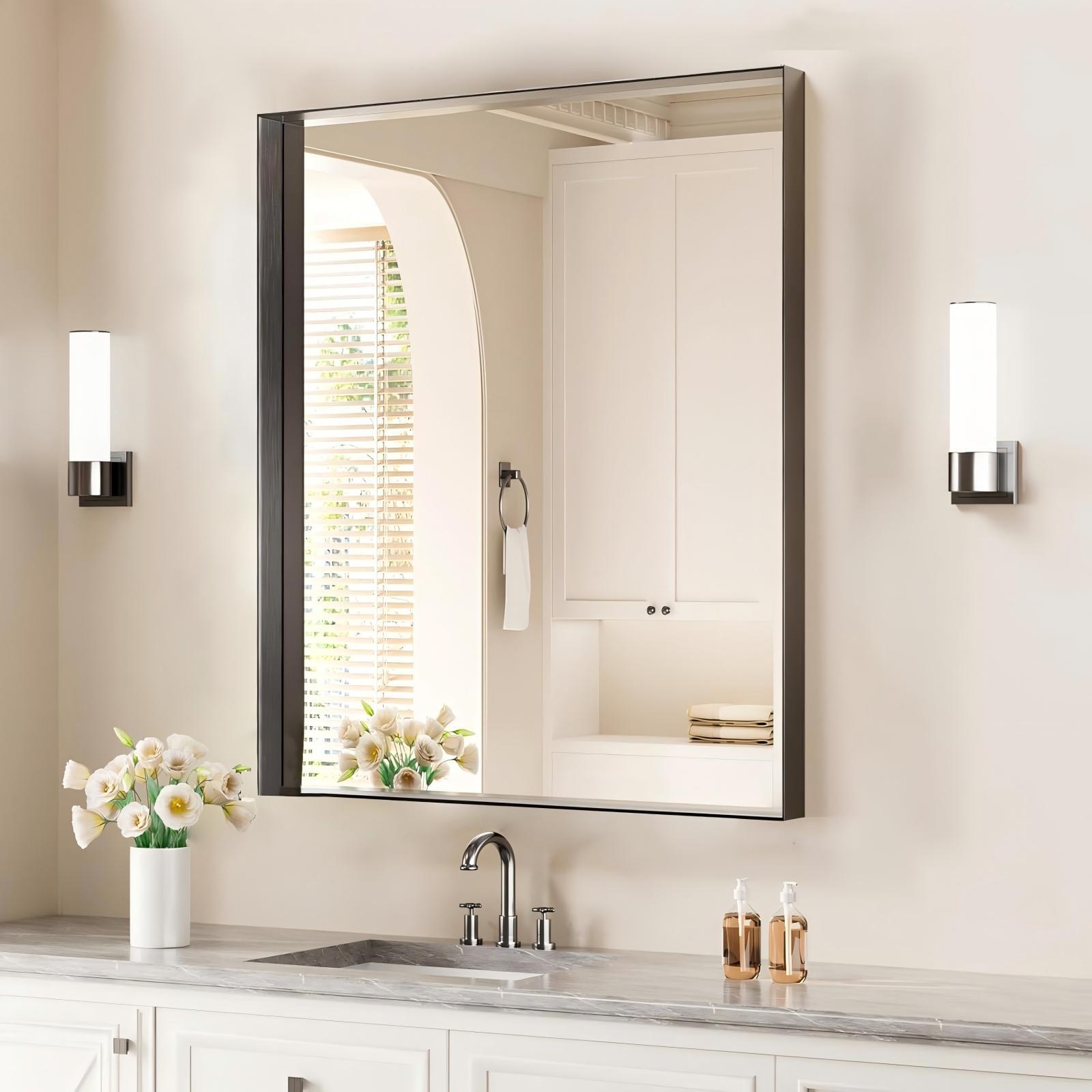 AUROMIR 36"x24" Rectangle Bathroom Mirror Vanity Wall Mirror With Deep Frame, Black