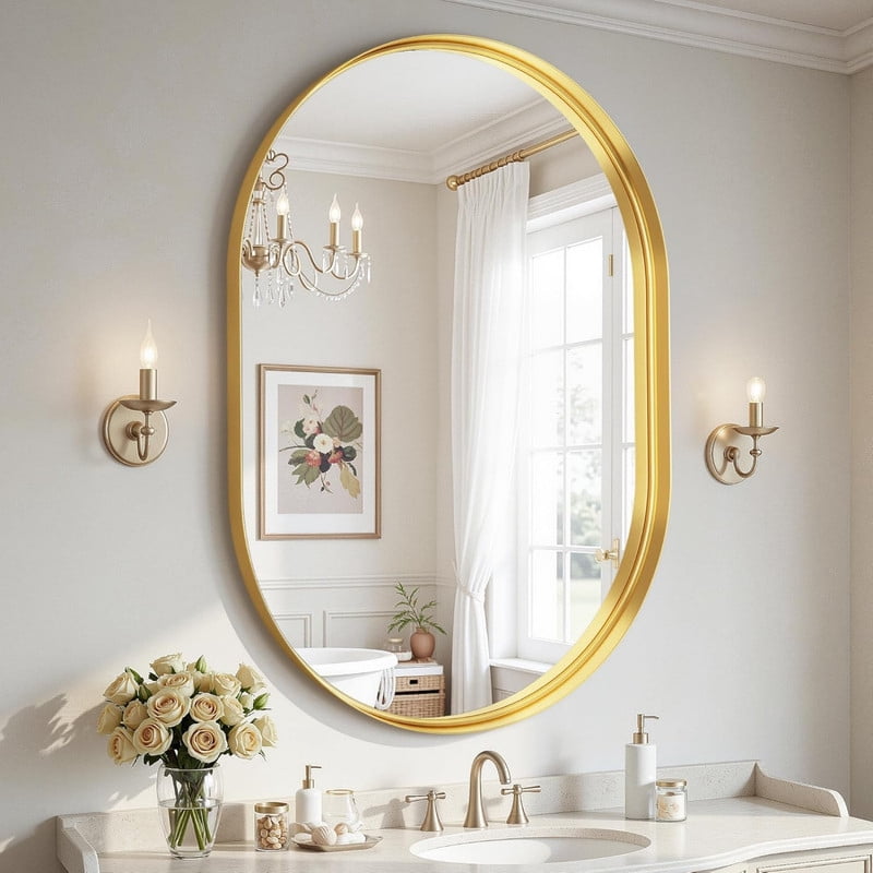 AUROMIR 38"x22" Oval Bathroom Mirror Wall Mounted Mirror with Deep Frame, Gold
