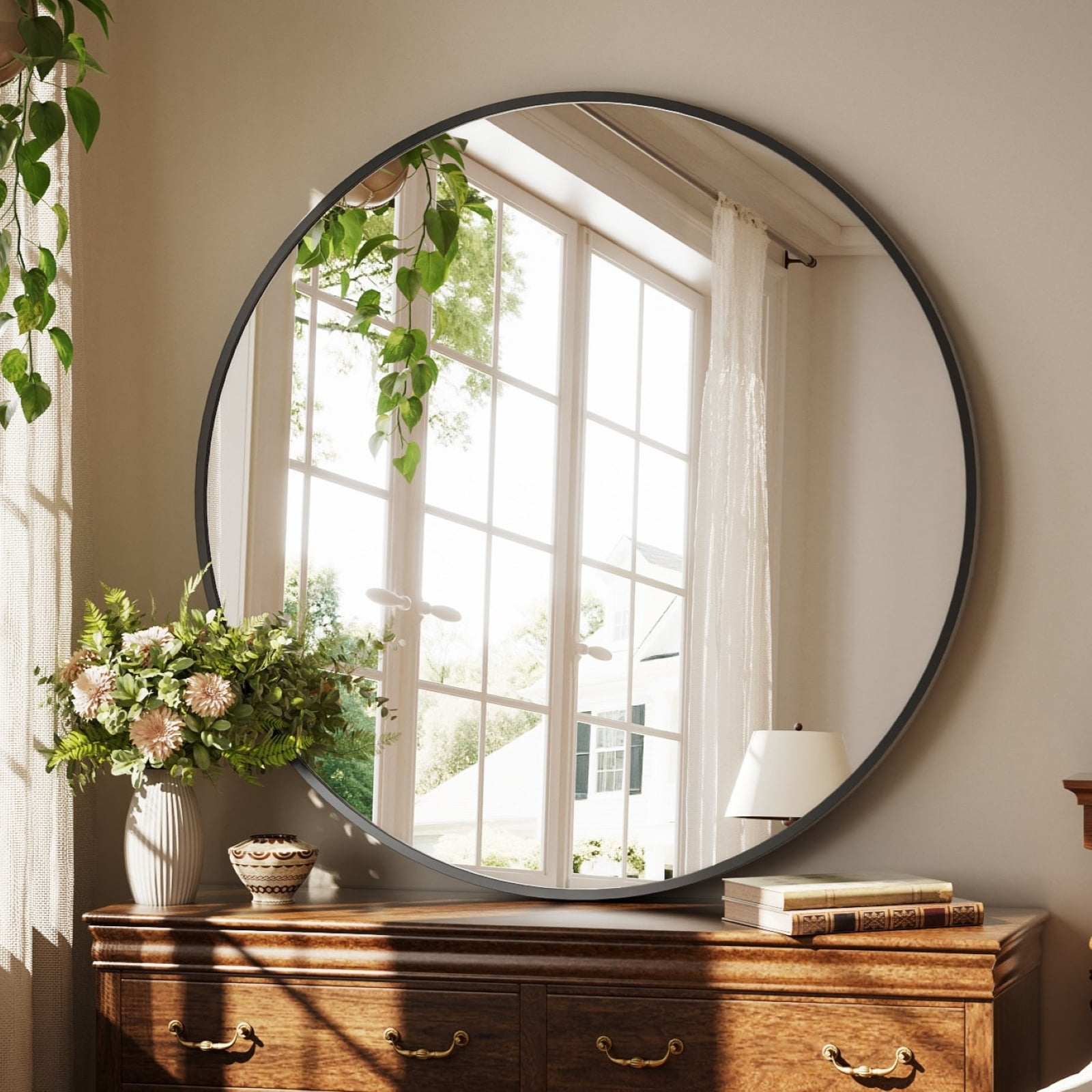 AUROMIR‌ 42" Bathroom Mirror Round Mirror Wall Vanity Mirror with Metal Frame, Black