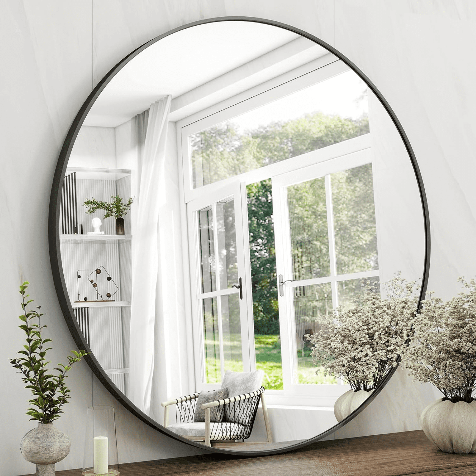 AUROMIR 42" Round Wall Mirror Bathroom Vanity Mirror Aluminum Alloy Frame,Black