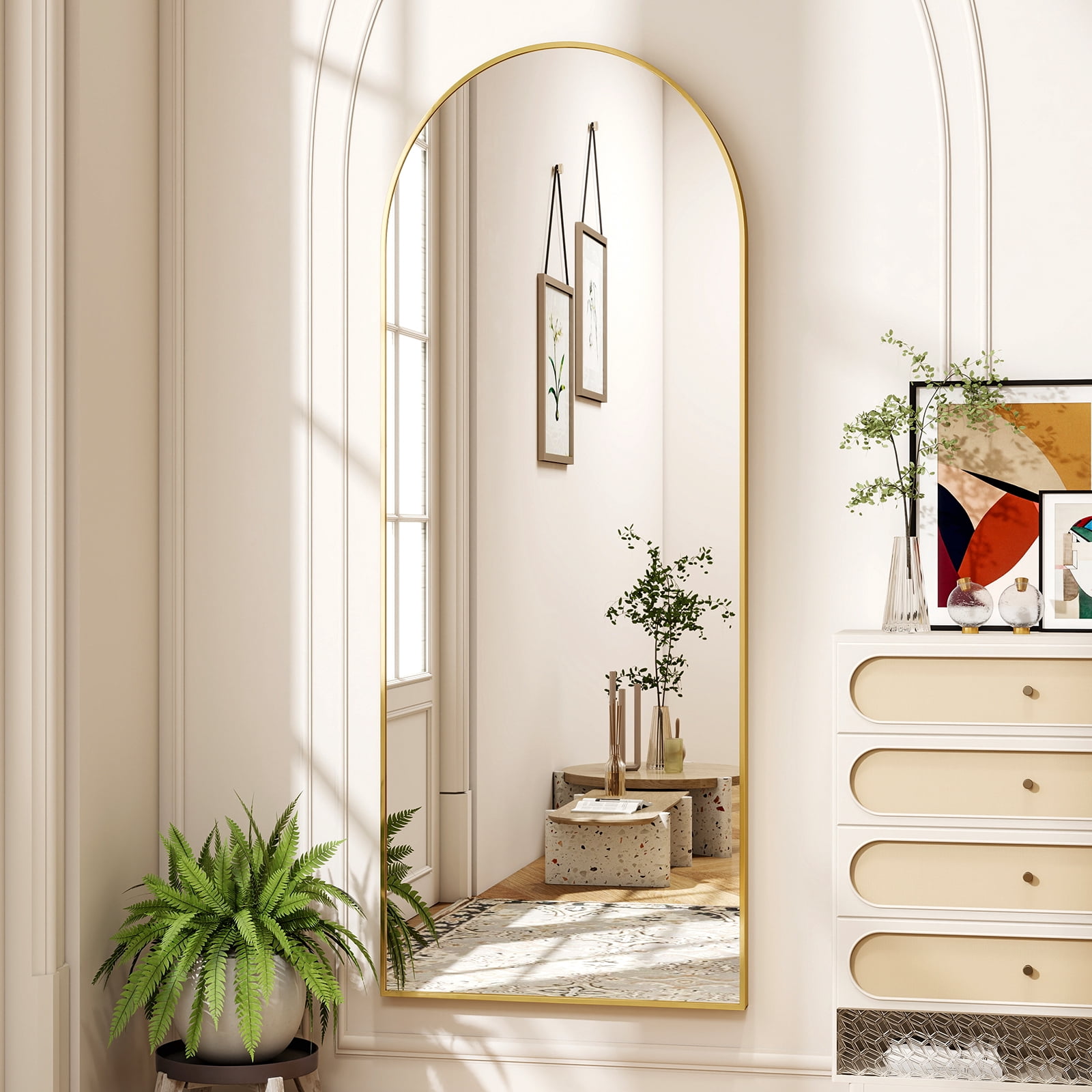 AUROMIR 56"x21" Arched Full Length Mirror Floor Mirror Full Body Standing Mirror, Gold