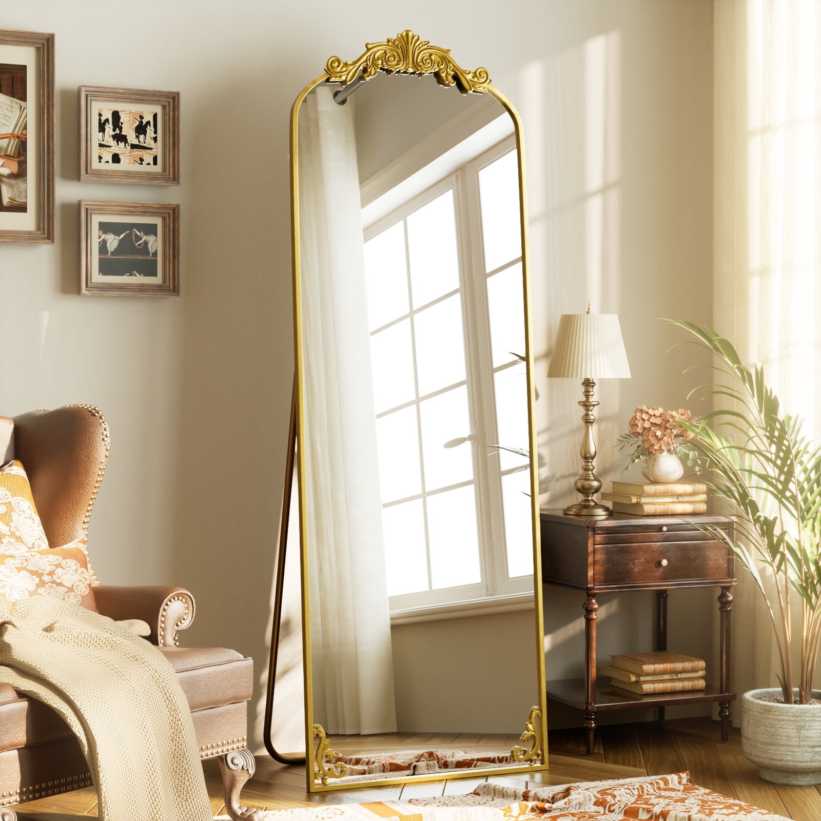 AUROMIR 64"x 21" Arched Floor Mirror Full Length Mirror Baroque Vintage Mirror with Carved Frame, Gold