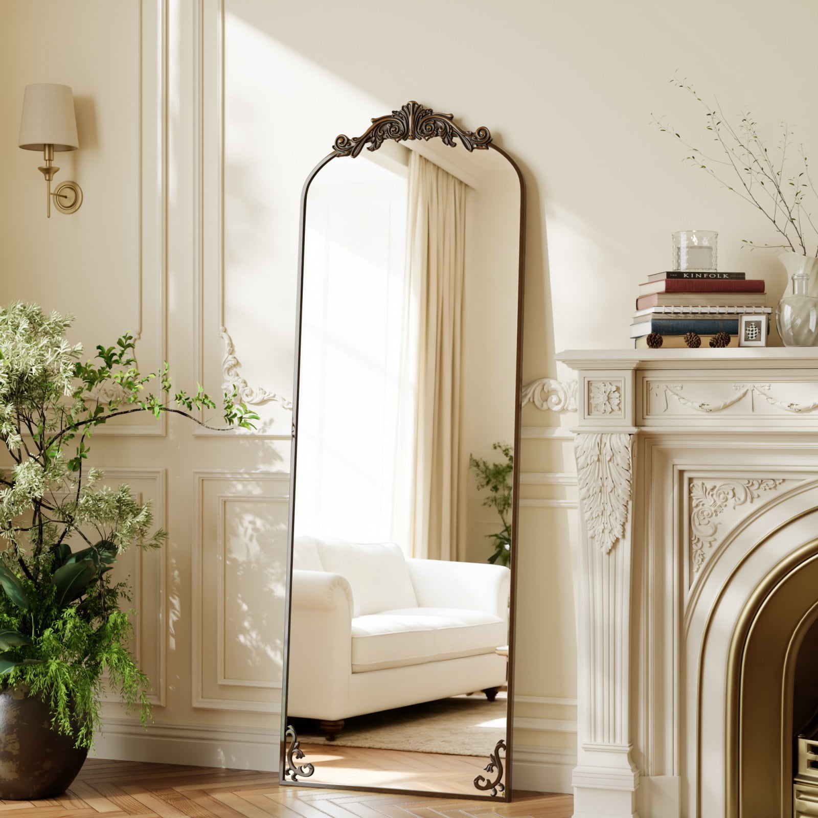 AUROMIR 64"x 21" Arched Full Length Mirror Vintage Floor Mirror with Carved Metal Frame, Antique Bronze