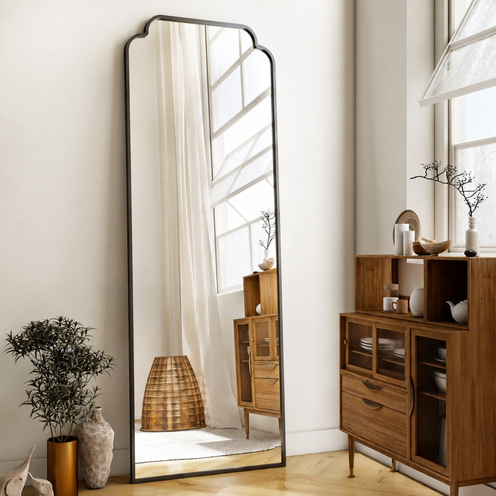 AUROMIR 64"x21" Arched Full Length Mirror Modern Floor Mirror with Deep Frame, Black