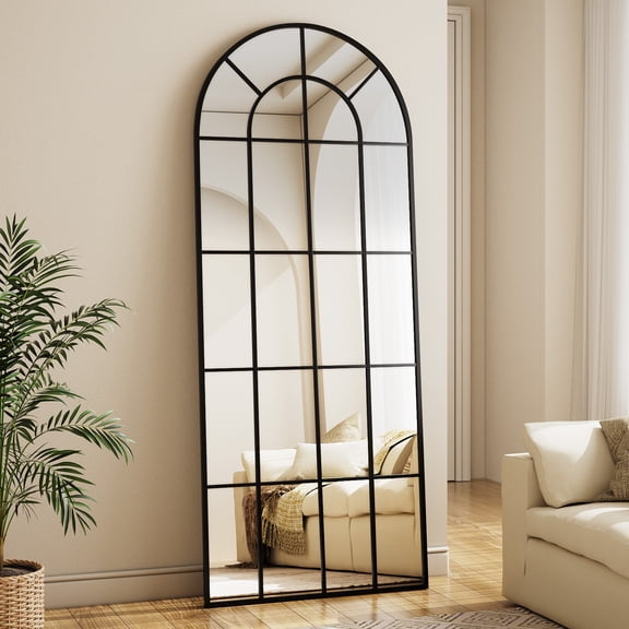 AUROMIR 69"x25" Arched Full Length Mirror Window Pane Wall Mirror With Metal Frame, Black