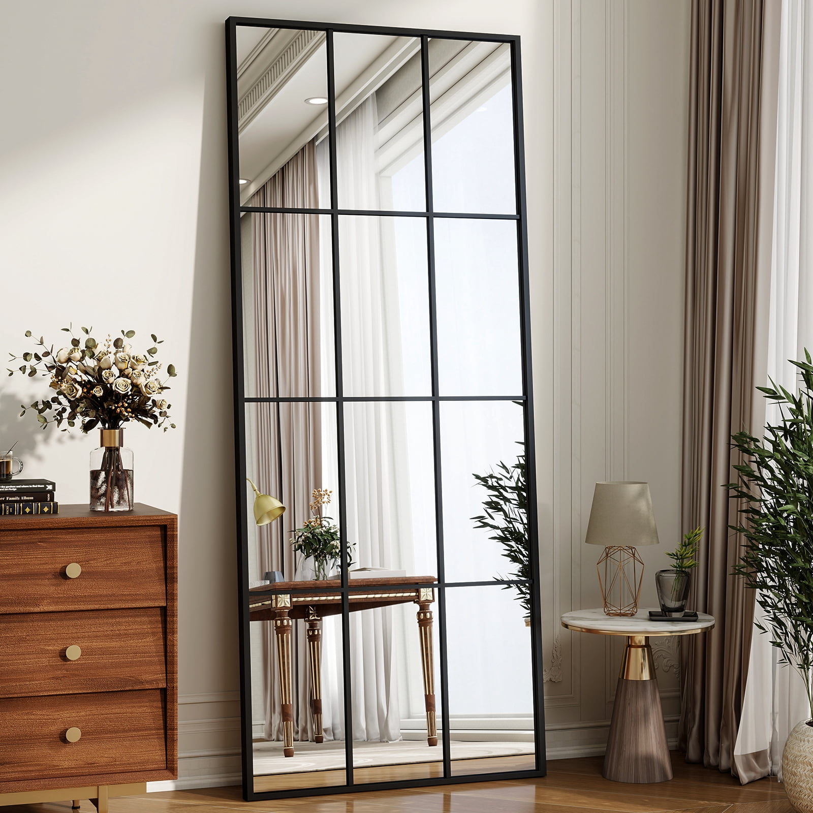 AUROMIR 69"x25" Rectangle Full Length Mirror Window Pane Wall Mirror With Metal Frame, Black