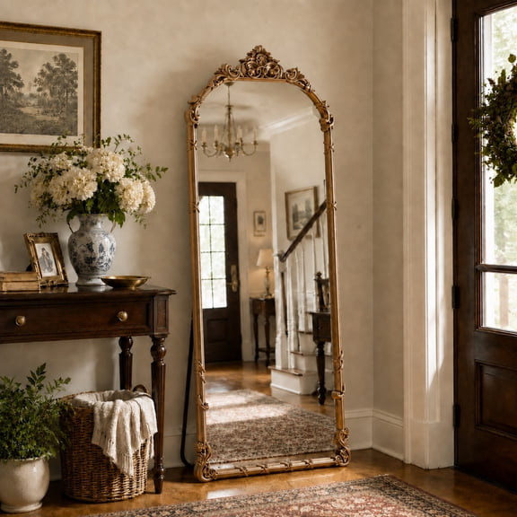 AUROMIR 69"x28" Arched Full Length Mirror Vintage Floor Mirror with Carved Patterns, Antique Bronze