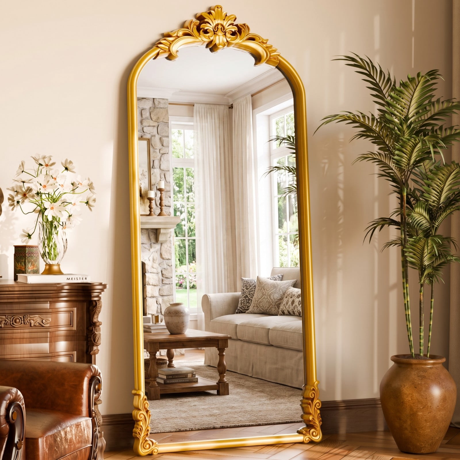 AUROMIR 71"x32" Arched Floor Mirror Full Length Mirror Vintage Carving Design, Antique Gold