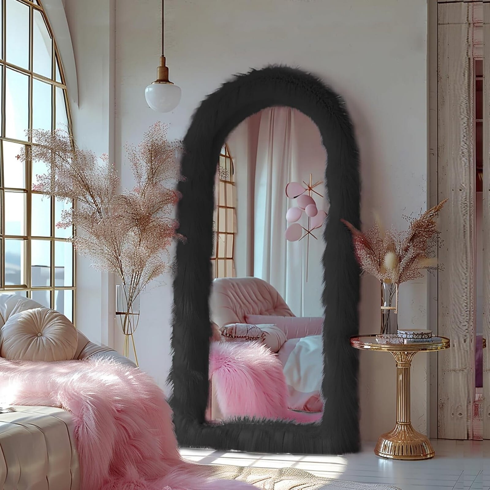 AUROMIR 71"x32" Arched Full Length Mirror Free Standing Mirror with Fluffy Framed, Black