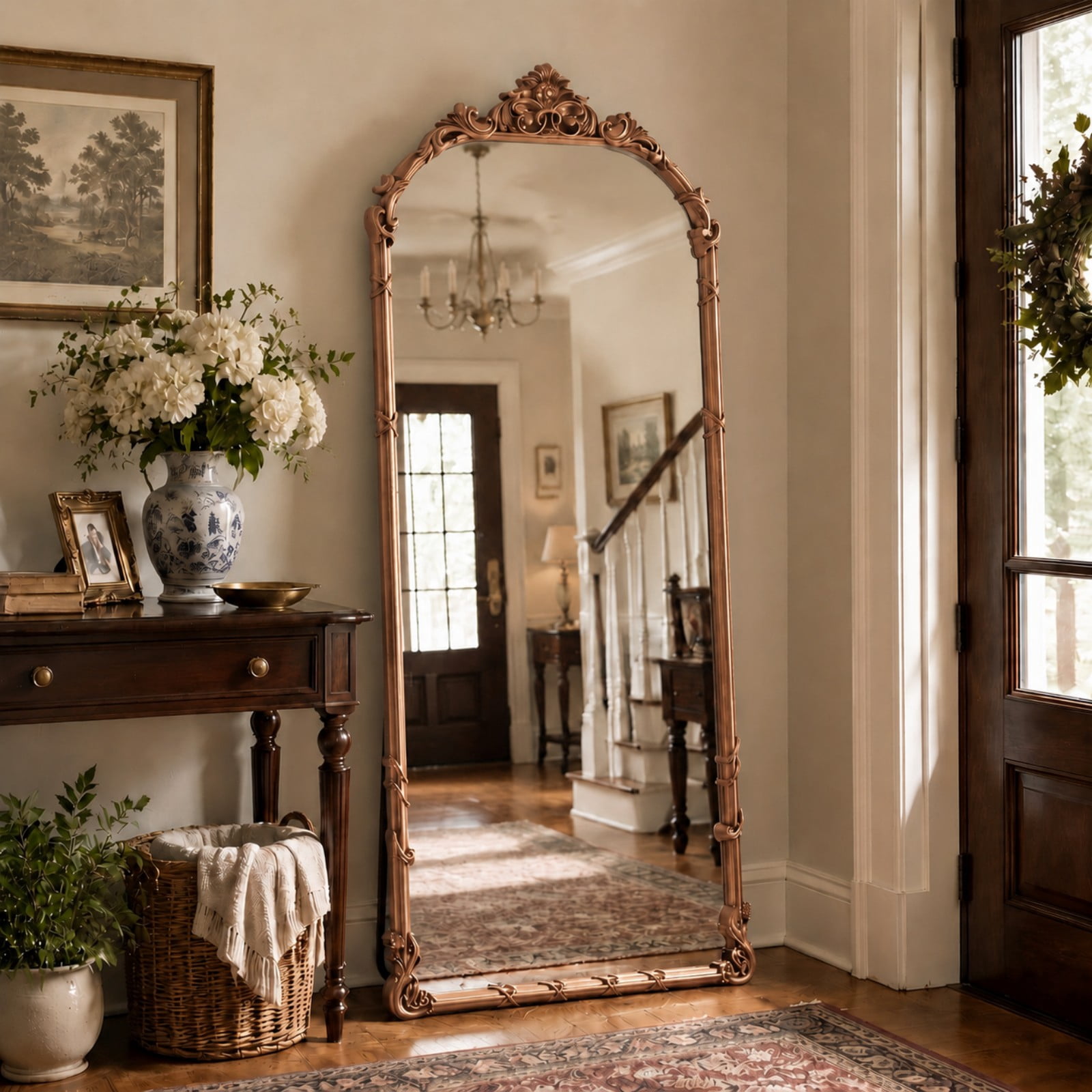 AUROMIR 71"x32" Arched Full Length Mirror Vintage Floor Mirror with Carved Patterns, Antique Bronze
